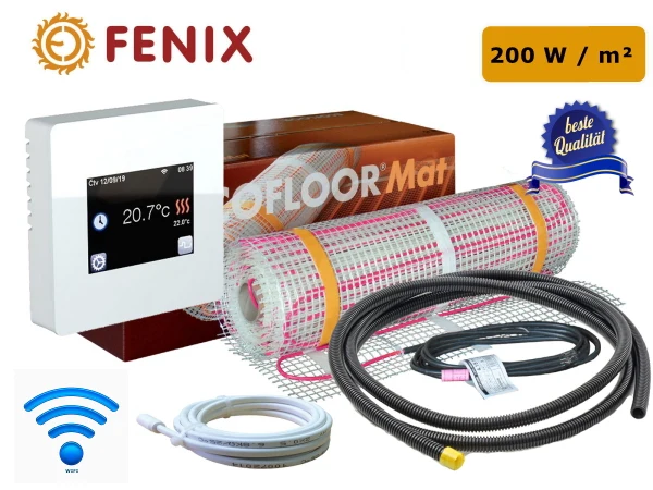 Montageset Ecofloor 200 W/m² für Fliesen mit Thermostat Fenix TFT WiFi